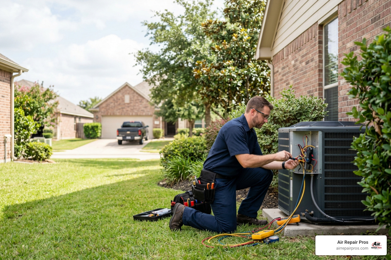 HVAC technician performing routine AC maintenance on outdoor condenser for blog header